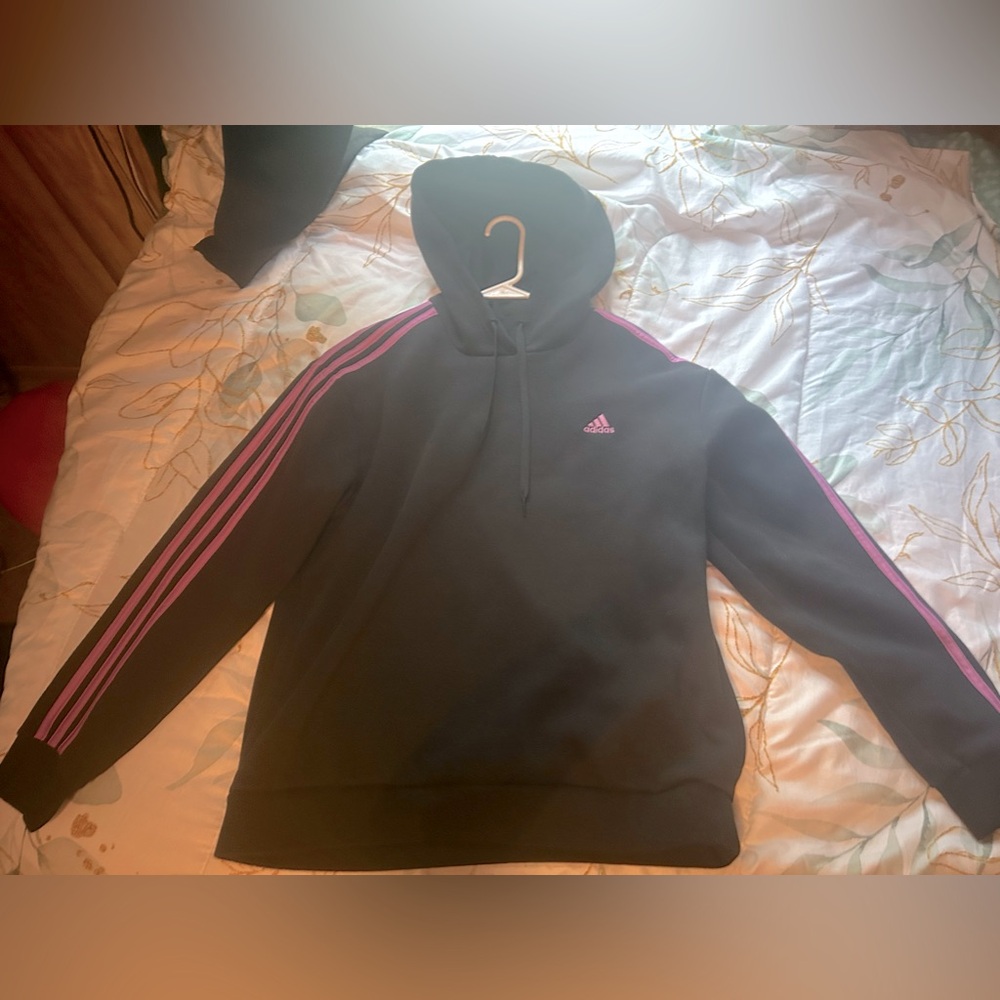 Black adidas hoodie with pink stripes size large